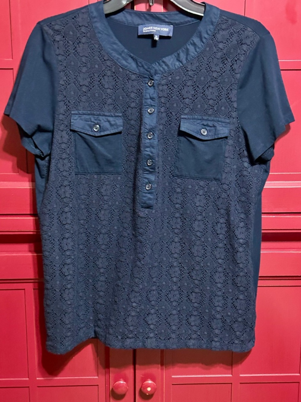 Jones New York Navy Lace Front Short-Sleeve Blouse